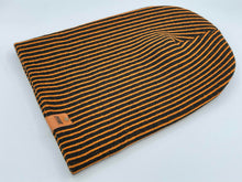 Load image into Gallery viewer, HAAKWEAR Cuffed Wide Ribbed Striped Beanie / Hat, Black / Orange, Limited Edition - Made in USA
