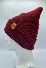 Load image into Gallery viewer, HAAKWEAR Cuffed Wide Ribbed Striped Beanie / Hat, Black / Red, Limited Edition - Made in USA
