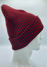 Load image into Gallery viewer, HAAKWEAR Cuffed Wide Ribbed Striped Beanie / Hat, Black / Red, Limited Edition - Made in USA
