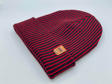 Load image into Gallery viewer, HAAKWEAR Cuffed Wide Ribbed Striped Beanie / Hat, Black / Red, Limited Edition - Made in USA
