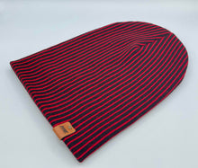 Load image into Gallery viewer, HAAKWEAR Cuffed Wide Ribbed Striped Beanie / Hat, Black / Red, Limited Edition - Made in USA
