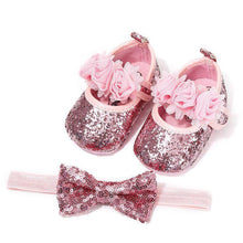 Load image into Gallery viewer, Cute Sparkly Baby Bowknot Non-Slip Sole Baby Girls Shoes Newborn Princess First Walkers Hairband Baby Party Shoes
