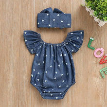 Load image into Gallery viewer, Modern Infant Baby Girls Bodysuits Headband 2PCS Hearts Love Short Sleeve Off Shoulder Jumpsuits Summer Causal Set WIth Big Bow
