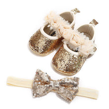 Load image into Gallery viewer, Cute Sparkly Baby Bowknot Non-Slip Sole Baby Girls Shoes Newborn Princess First Walkers Hairband Baby Party Shoes
