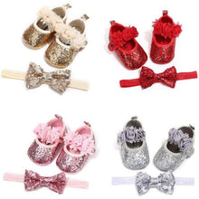 Load image into Gallery viewer, Cute Sparkly Baby Bowknot Non-Slip Sole Baby Girls Shoes Newborn Princess First Walkers Hairband Baby Party Shoes
