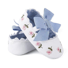 Load image into Gallery viewer, Baby Girl Newborn Shoes Floral Embroidery Striped Bowknot First Walker Soft Soles Anti-Slip Princess Shoes
