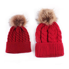 Load image into Gallery viewer, 2Pcs Modern Mother &amp; Baby Child Warm Winter Beanie Fur Pom Hat Crochet Ski Cap For Winter

