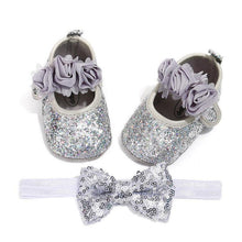 Load image into Gallery viewer, Cute Sparkly Baby Bowknot Non-Slip Sole Baby Girls Shoes Newborn Princess First Walkers Hairband Baby Party Shoes
