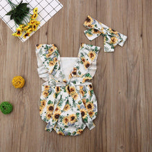Load image into Gallery viewer, Modern Elegant Baby Girl Floral Romper Jumpsuit Playsuit Clothes Sun suit Baby Clothing WIth Sunflower Design And Bow
