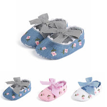 Load image into Gallery viewer, Baby Girl Newborn Shoes Floral Embroidery Striped Bowknot First Walker Soft Soles Anti-Slip Princess Shoes
