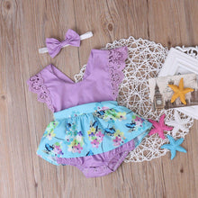 Load image into Gallery viewer, Summer Princess Floral Romper Dress For Baby Girl with Lace Sleeve+Headband For Little Princess
