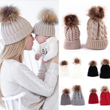Load image into Gallery viewer, 2Pcs Modern Mother &amp; Baby Child Warm Winter Beanie Fur Pom Hat Crochet Ski Cap For Winter
