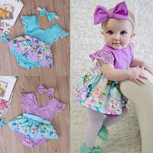 Load image into Gallery viewer, Summer Princess Floral Romper Dress For Baby Girl with Lace Sleeve+Headband For Little Princess
