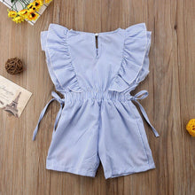 Load image into Gallery viewer, Summer Toddler Baby Girl Romper/ jumpsuit Short Petal Sleeve Elastic Waist Floral Print Striped Blue Lace Dress
