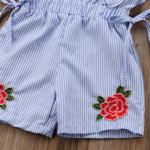 Load image into Gallery viewer, Summer Toddler Baby Girl Romper/ jumpsuit Short Petal Sleeve Elastic Waist Floral Print Striped Blue Lace Dress
