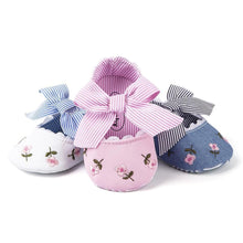Load image into Gallery viewer, Baby Girl Newborn Shoes Floral Embroidery Striped Bowknot First Walker Soft Soles Anti-Slip Princess Shoes
