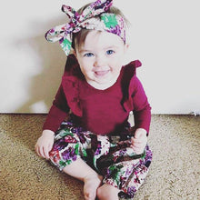Load image into Gallery viewer, 3Pcs Baby Girls Flying sleeves Bodysuit and Floral Lace-up Pants ,Headwear Set WIth Jumpsuit and Bow In Elegant Luxury Modern Print Deign For Baby Girls and Girls Kids
