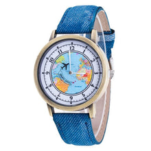 Load image into Gallery viewer, Fashion Casual Watches Women Casual Wristwatch Personality World Map With Airplane Pattern Cowboy Band Quartz Watch For Woman  and Girls
