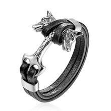 Load image into Gallery viewer, Genuine Leather Anchor Bracelet Men Lion Double Wolf Shackles Stainless Steel Charm Bracelets Wristband Fashion Jewelry

