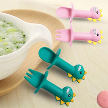 Load image into Gallery viewer, New Baby Feeding Spoon Fork Set Short Easy  Cartoon Dinosaur Soft Silicone  Teether Toys Non-hurt Training Tableware
