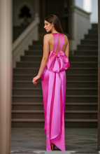 Load image into Gallery viewer, Haltered bow design back sheath silky satin prom dress with bow-tie multiple colors
