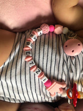 Load image into Gallery viewer, Pink Silicone Personalised Name Baby Pacifier Clips Crochet Beads Silicone Crown Pacifier Chain Holder For Kids and Baby Pacifier
