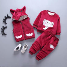 Load image into Gallery viewer, Baby Clothes Winter Thick And Warm Three-piece Cartoon Bear And Fox Printed Sweater Hooded Baby Girl Clothing Set Sweater and Pants

