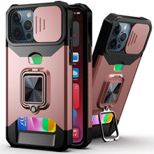 Load image into Gallery viewer, Slide Camera Cover Kickstand Card Wallet Case for iPhone11 X XS 8  Shockproof Protective Phone Case  Wallet Case for iPhone With Sliding Camera Case With Kickstand Magnetic Adjustable Ring Holder
