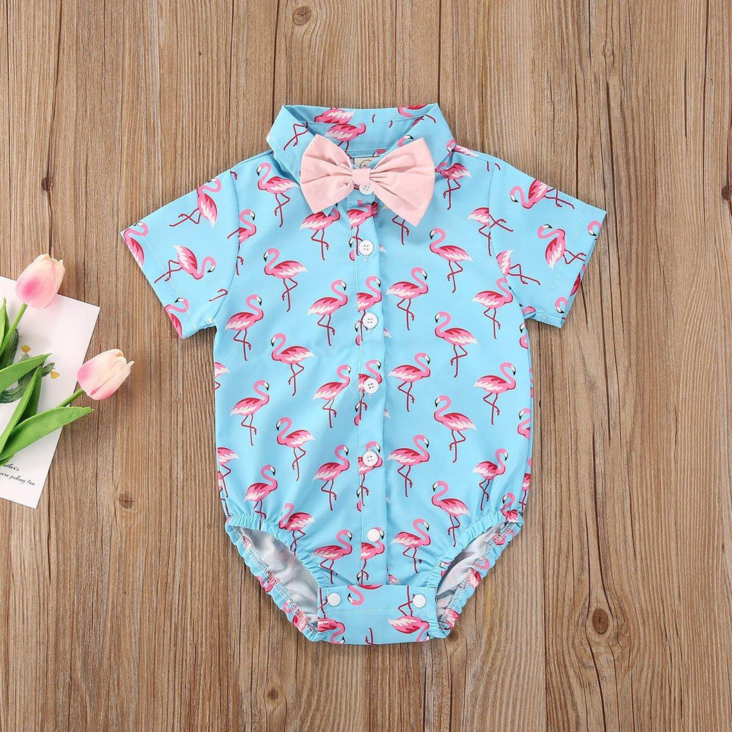 Newborn Boys Bodysuits Bow Short Sleeve Print Single Breasted Jumpsuits Shirt For Baby With Elegant Bow