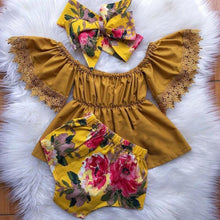 Load image into Gallery viewer, Elegant Luxury Floral Newborn Baby Girl Toddler Outfits Off shoulder Solid Tops Floral Short Pant Headband Bow Set For Baby Girls
