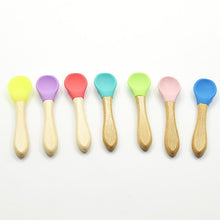 Load image into Gallery viewer, 2PCS  Bamboo Training Spoons Organic Soft Baby Feeding Silicone Tip Spoon Scoop Easy Grip Handle Toddlers Infant Gifts For Parents And Baby Boys Or Girls
