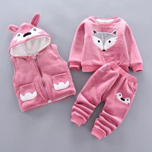Load image into Gallery viewer, Baby Clothes Winter Thick And Warm Three-piece Cartoon Bear And Fox Printed Sweater Hooded Baby Girl Clothing Set Sweater and Pants
