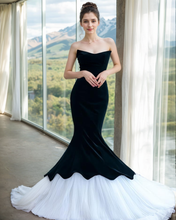 Load image into Gallery viewer, Herpben style strapless black velvet white tulle mermaid prom dress
