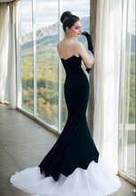 Load image into Gallery viewer, Herpben style strapless black velvet white tulle mermaid prom dress

