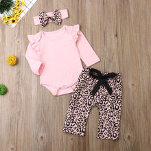 Load image into Gallery viewer, Newborn Baby Girl Clothes Fly Sleeve Knitting Cotton Romper Tops Leopard Print Long Pants Headband 3Pcs Outfits Clothes
