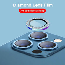 Load image into Gallery viewer, 2023 New Diamond Bling Metal Ring Glass Protective Cap For iPhone 14 13 12 11 Pro Max Mini Camera Lens Circle Protector Paste Tempered Glass Camera Cover Camera Lens Protector
