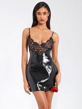 Load image into Gallery viewer, Shelby Black Vegan Leather with Lace Mini Dress
