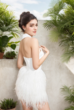 Load image into Gallery viewer, Haltered silky satin upper bodice fitted short above knee-length ostrich feather wedding dress
