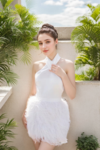 Load image into Gallery viewer, Haltered silky satin upper bodice fitted short above knee-length ostrich feather wedding dress
