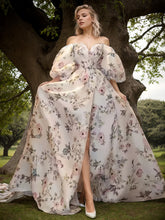 Load image into Gallery viewer, Avera - Sexy floral printed butterfly pattern front-slit bishop sleeves off-the-shoulder Satin Wedding Dress Gown
