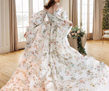 Load image into Gallery viewer, Avera - Sexy floral printed butterfly pattern front-slit bishop sleeves off-the-shoulder Satin Wedding Dress Gown
