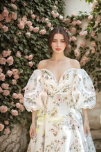 Load image into Gallery viewer, Avera - Sexy floral printed butterfly pattern front-slit bishop sleeves off-the-shoulder Satin Wedding Dress Gown
