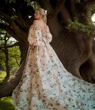 Load image into Gallery viewer, Avera - Sexy floral printed butterfly pattern front-slit bishop sleeves off-the-shoulder Satin Wedding Dress Gown
