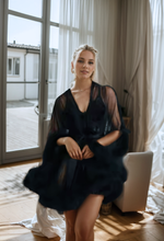 Load image into Gallery viewer, Luxurious Sheer Bridal Robe with Feathered Hem and Satin Tie
