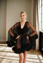 Load image into Gallery viewer, Luxurious Sheer Bridal Robe with Feathered Hem and Satin Tie
