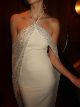 Load image into Gallery viewer, Quimera Almond Beaded Cape Halter Off-Shoulder Maxi Gown
