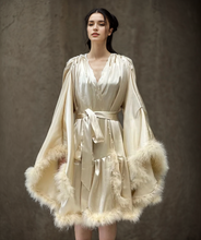 Load image into Gallery viewer, Short Satin Feather Robe – Holiday Photoshoot, Christmas Gift, Glam Party Outfit
