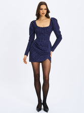 Load image into Gallery viewer, Denise Navy Tweed Ruched Puff Sleeve Mini Dress
