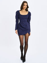 Load image into Gallery viewer, Denise Navy Tweed Ruched Puff Sleeve Mini Dress

