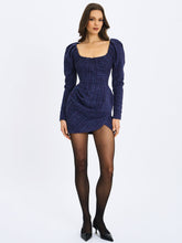 Load image into Gallery viewer, Denise Navy Tweed Ruched Puff Sleeve Mini Dress
